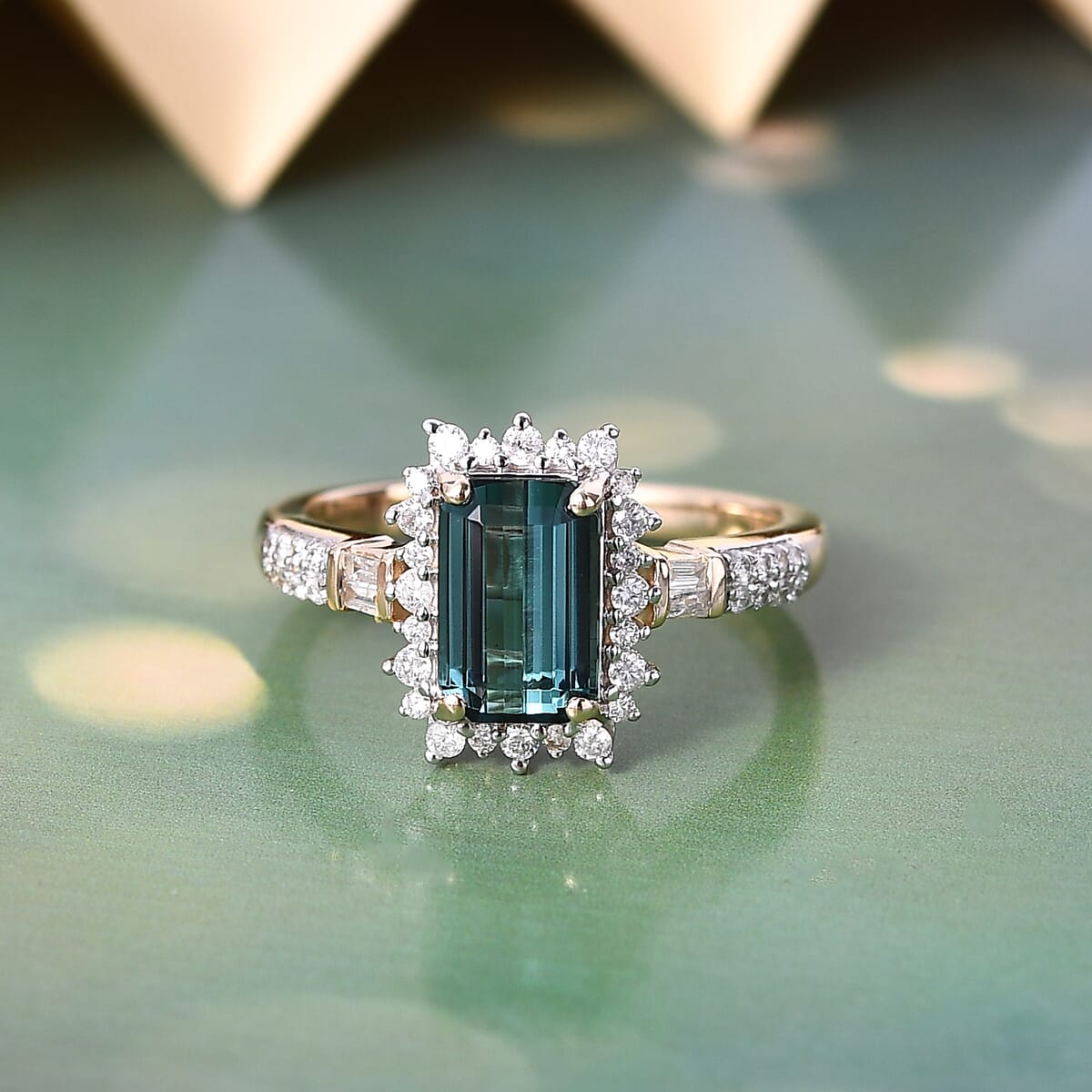 Luxoro AAA Pirineu Lagoon Tourmaline and Diamond I2 2.40 ctw Art Deco Halo Ring in 14K Yellow Gold (Size 8.0) image number 1