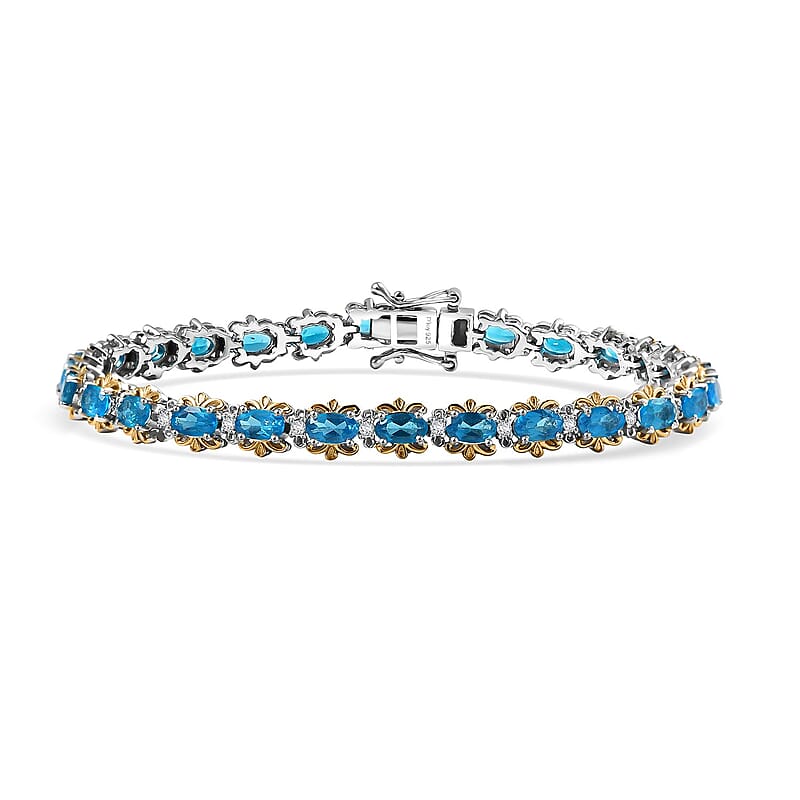 D'Joy Malgache Neon Apatite and Moissanite 7.00 ctw Marine Blossom Bracelet in 18K Vermeil YG and Rhodium Over Sterling Silver (7.25 In)