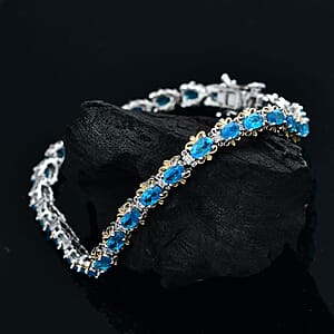 D'Joy Malgache Neon Apatite and Moissanite 7.00 ctw Marine Blossom Bracelet in 18K Vermeil YG and Rhodium Over Sterling Silver (7.25 In)