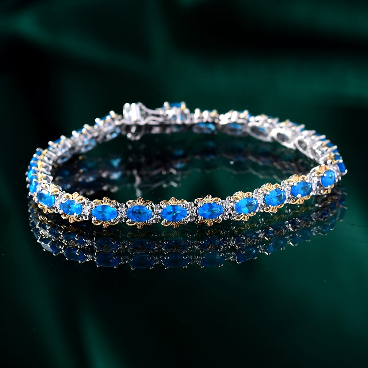 D'Joy Malgache Neon Apatite and Moissanite 6.25 ctw Marine Blossom Bracelet in 18K Vermeil YG and Rhodium Over Sterling Silver (6.50 In) image number 1