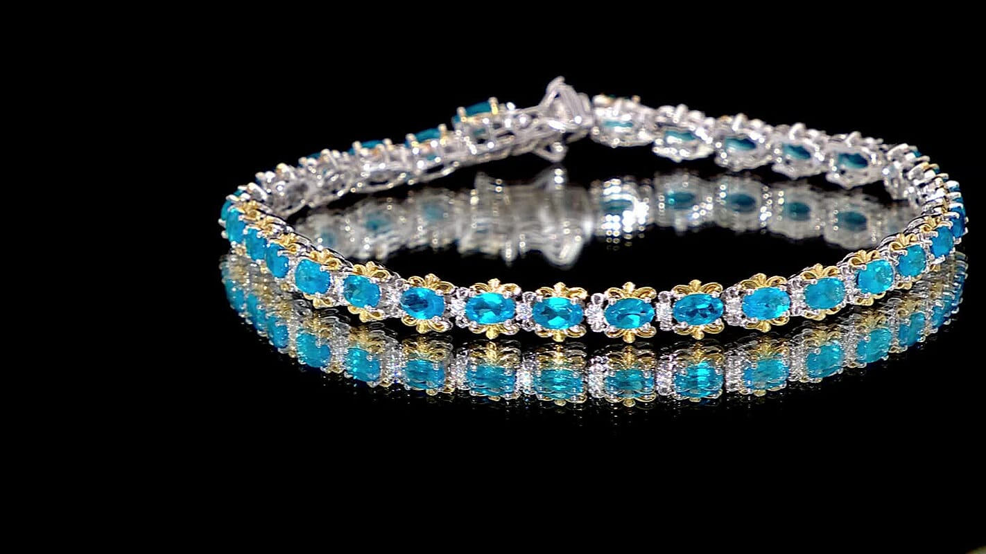 Malgache Neon Apatite and Moissanite 7.00 ctw Bracelet in 18K Vermeil YG and Rhodium Over Sterling Silver (7.25 In)