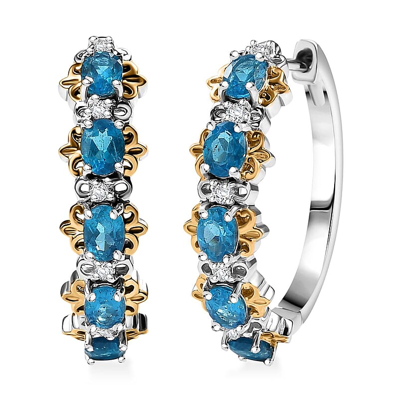 D'Joy Malgache Neon Apatite and Moissanite 2.00 ctw Marine Blossom Earrings in 18K Vermeil YG and Rhodium Over Sterling Silver