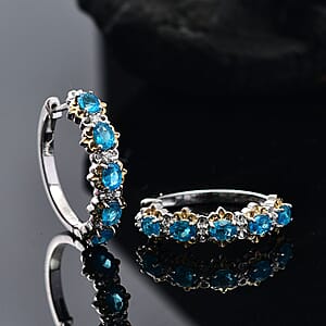 D'Joy Malgache Neon Apatite and Moissanite 2.00 ctw Marine Blossom Earrings in 18K Vermeil YG and Rhodium Over Sterling Silver