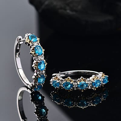 D'Joy Malgache Neon Apatite and Moissanite 2.00 ctw Marine Blossom Earrings in 18K Vermeil YG and Rhodium Over Sterling Silver