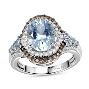 D'Joy Premium Mangoro Aquamarine, Santa Maria Aquamarine, Natural Champagne and White Diamond 2.90 ctw Ocean Empress Ring in Rhodium Over Sterling Silver (Size 10.0)