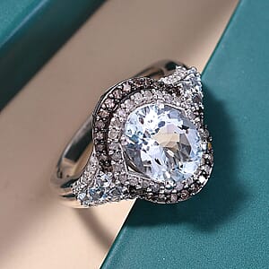 D'Joy Premium Mangoro Aquamarine, Santa Maria Aquamarine, Natural Champagne and White Diamond 2.90 ctw Ocean Empress Ring in Rhodium Over Sterling Silver (Size 10.0)