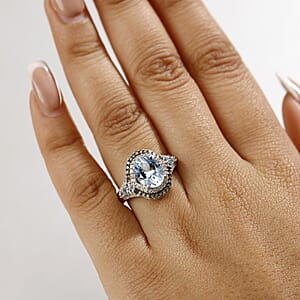 D'Joy Premium Mangoro Aquamarine, Santa Maria Aquamarine, Natural Champagne and White Diamond 2.90 ctw Ocean Empress Ring in Rhodium Over Sterling Silver (Size 10.0)