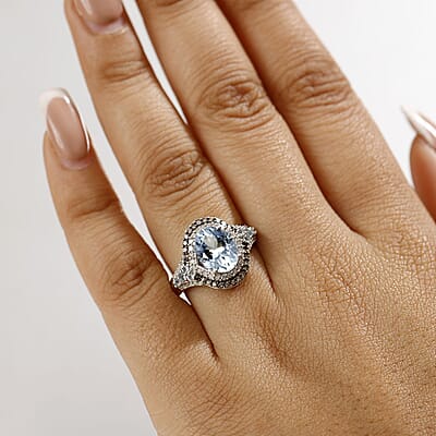 D'Joy Premium Mangoro Aquamarine, Santa Maria Aquamarine, Natural Champagne and White Diamond 2.90 ctw Ocean Empress Ring in Rhodium Over Sterling Silver (Size 10.0)