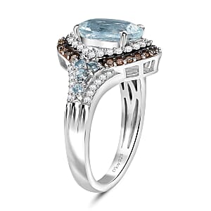 D'Joy Premium Mangoro Aquamarine, Santa Maria Aquamarine, Natural Champagne and White Diamond 2.90 ctw Ocean Empress Ring in Rhodium Over Sterling Silver (Size 10.0)