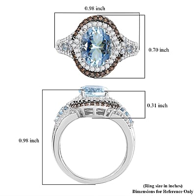 D'Joy Premium Mangoro Aquamarine, Santa Maria Aquamarine, Natural Champagne and White Diamond 2.90 ctw Ocean Empress Ring in Rhodium Over Sterling Silver (Size 10.0)