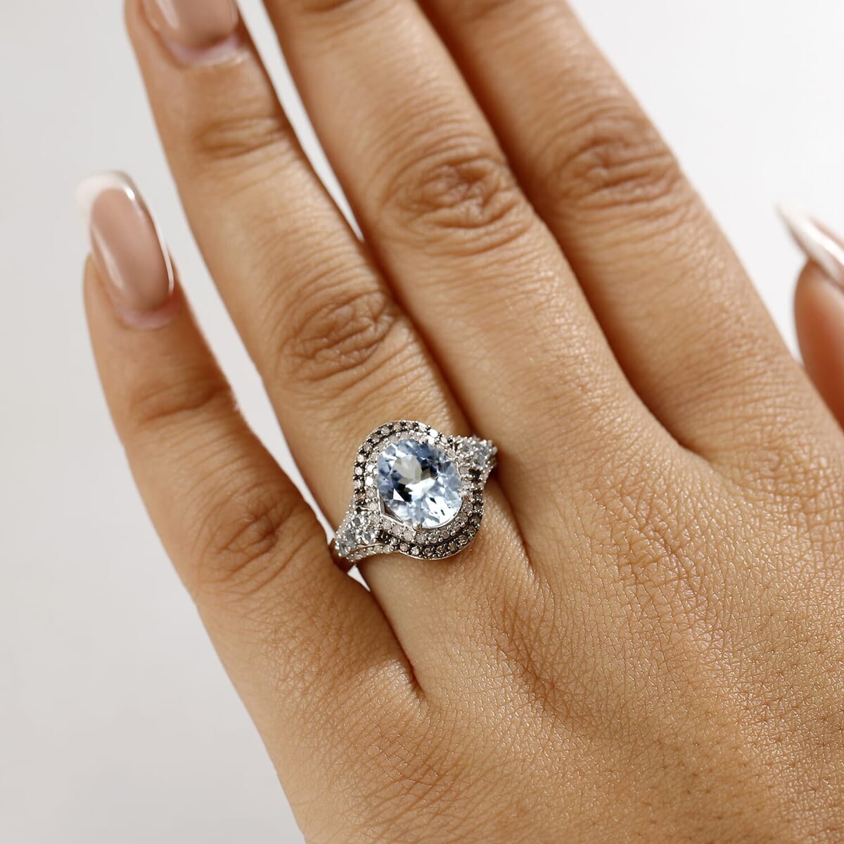Premium Mangoro Aquamarine, Santa Maria Aquamarine, Natural Champagne and White Diamond (0.50 cts) Ring in Rhodium Over Sterling Silver (Size 11.0) 2.90 ctw image number 2