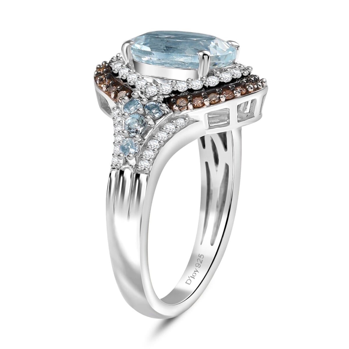 Premium Mangoro Aquamarine, Santa Maria Aquamarine, Natural Champagne and White Diamond (0.50 cts) Ring in Rhodium Over Sterling Silver (Size 11.0) 2.90 ctw image number 3