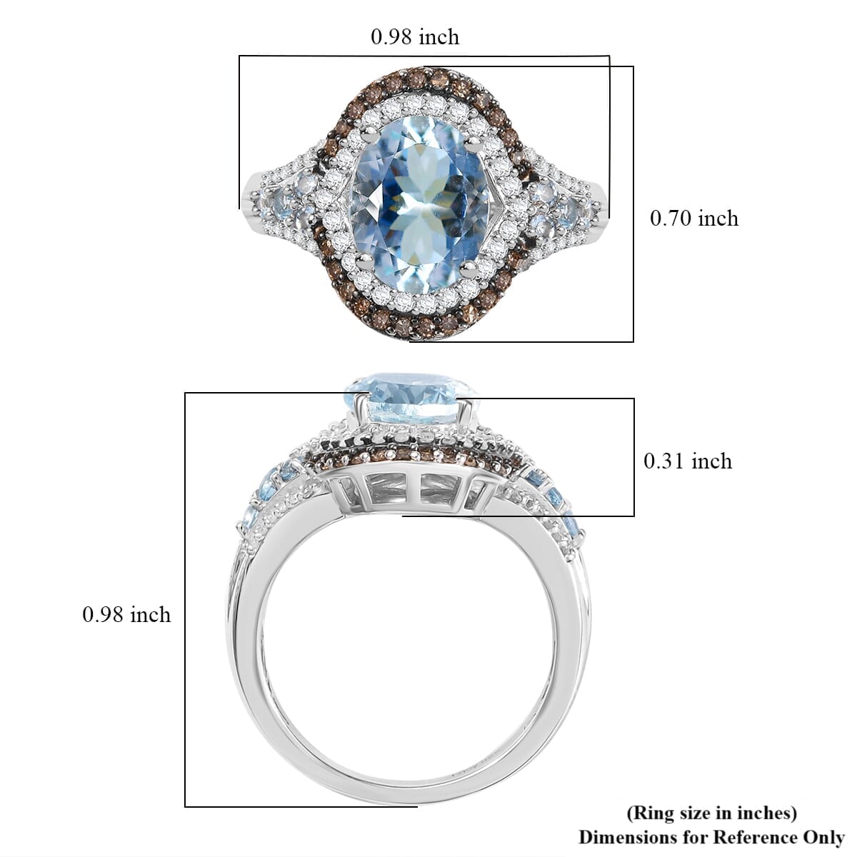 Premium Mangoro Aquamarine, Santa Maria Aquamarine, Natural Champagne and White Diamond (0.50 cts) Ring in Rhodium Over Sterling Silver (Size 11.0) 2.90 ctw image number 5