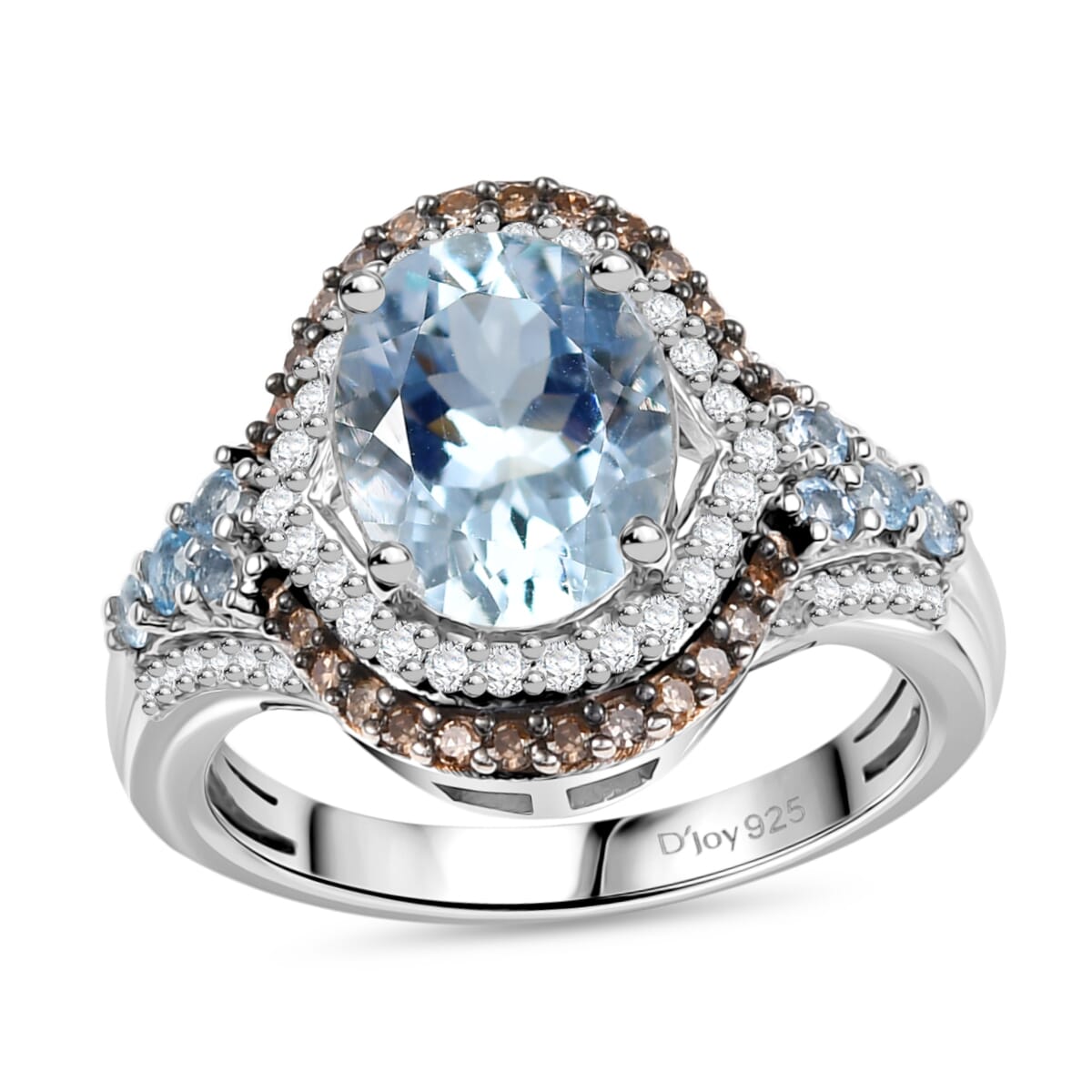 D'Joy Premium Mangoro Aquamarine, Santa Maria Aquamarine, Natural Champagne and White Diamond 2.90 ctw Ocean Empress Ring in Rhodium Over Sterling Silver (Size 8.0) image number 0