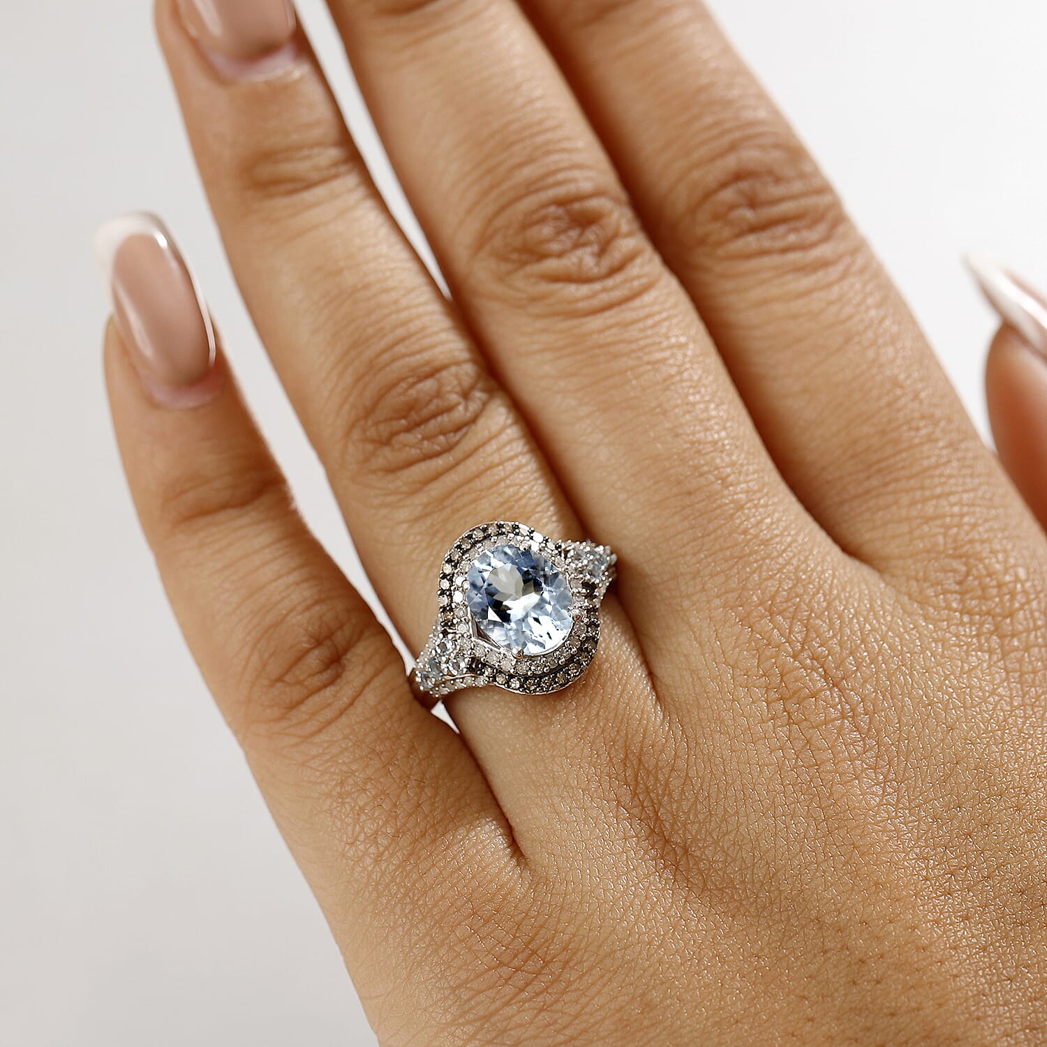 D'Joy Premium Mangoro Aquamarine, Santa Maria Aquamarine, Natural Champagne and White Diamond 2.90 ctw Ocean Empress Ring in Rhodium Over Sterling Silver (Size 9.0)