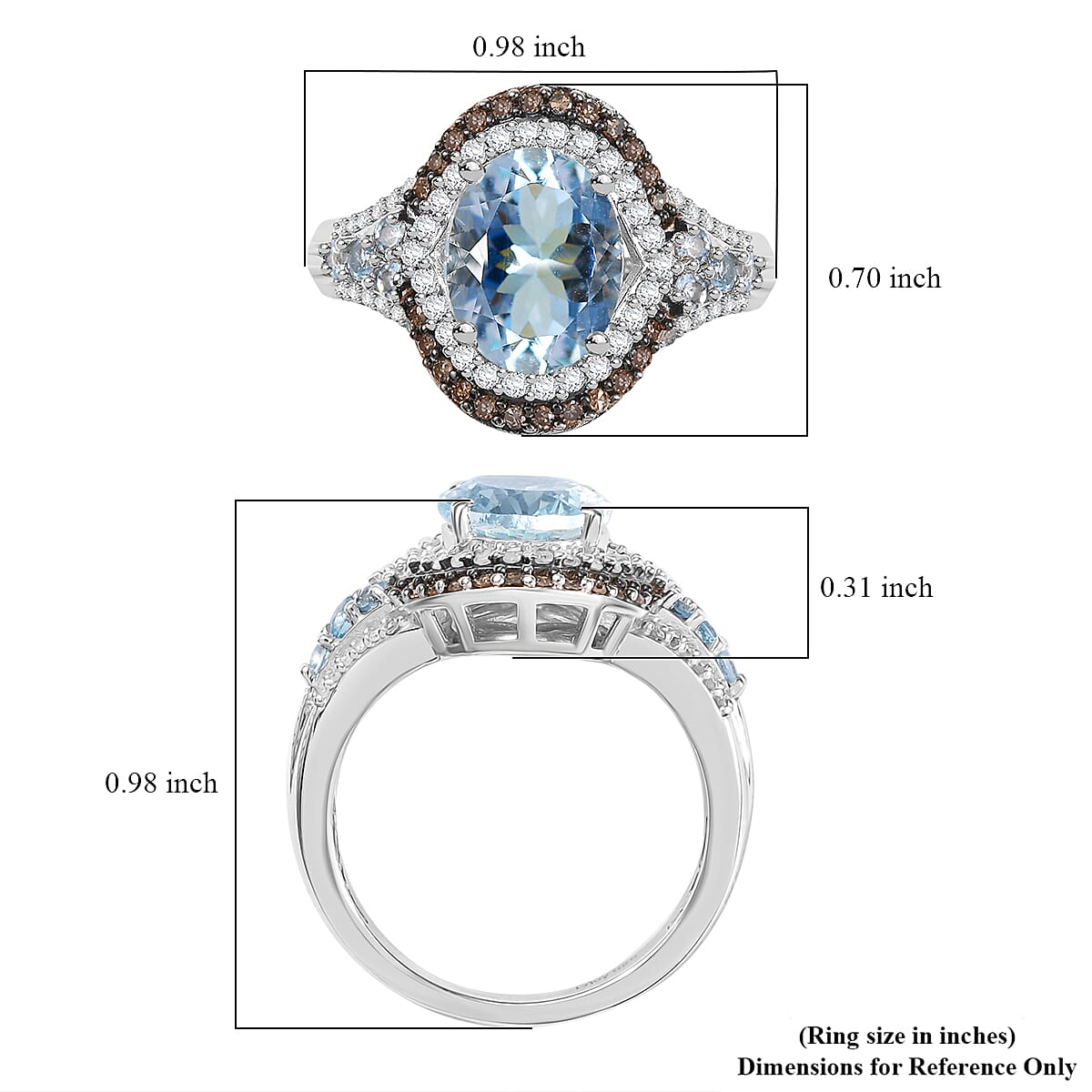 D'Joy Premium Mangoro Aquamarine, Santa Maria Aquamarine, Natural Champagne and White Diamond 2.90 ctw Ocean Empress Ring in Rhodium Over Sterling Silver (Size 9.0)
