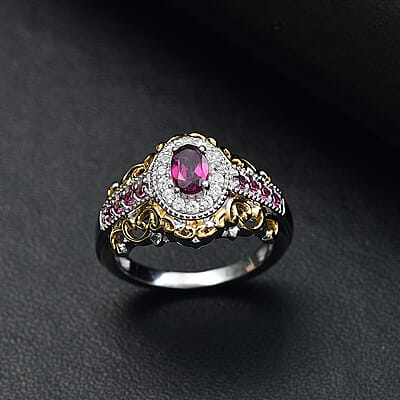 D'Joy Radiant Ember Garnet and White Zircon 1.10 ctw Ring in 18K Vermeil YG and Rhodium Over Sterling Silver (Size  10.0)
