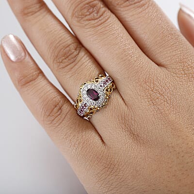 D'Joy Radiant Ember Garnet and White Zircon 1.10 ctw Ring in 18K Vermeil YG and Rhodium Over Sterling Silver (Size  10.0)