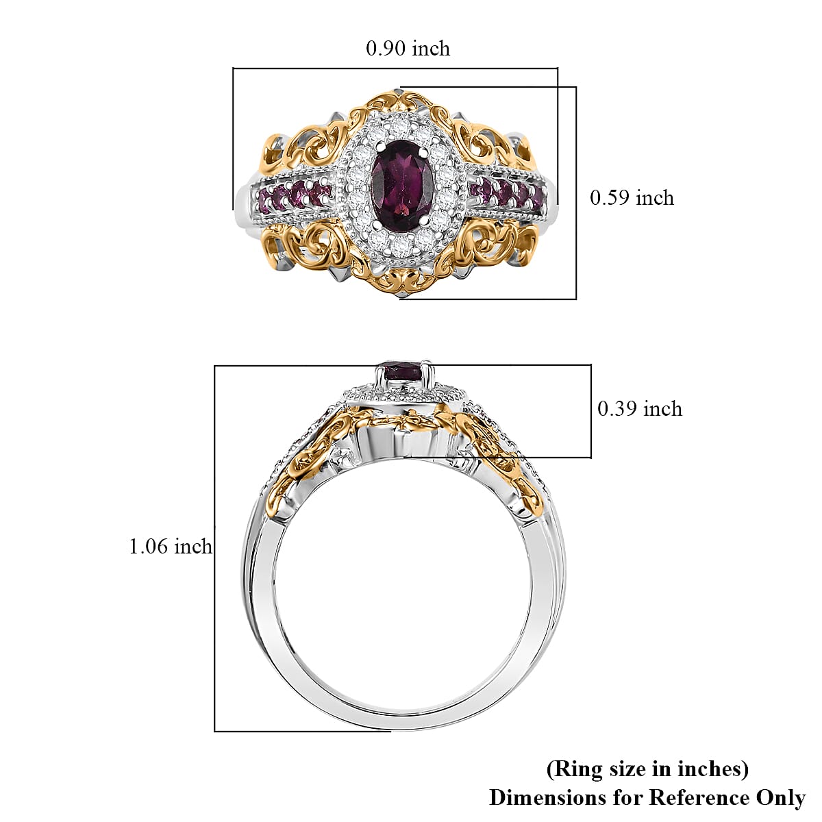 D'Joy Radiant Ember Garnet and White Zircon 1.10 ctw Ring in 18K Vermeil YG and Rhodium Over Sterling Silver (Size  10.0)