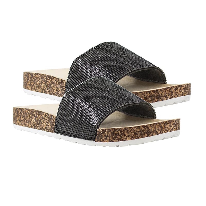Alexis Bendel Black Kylie Rhinestone Slide Sandal with Cork Sole - Size 7.5