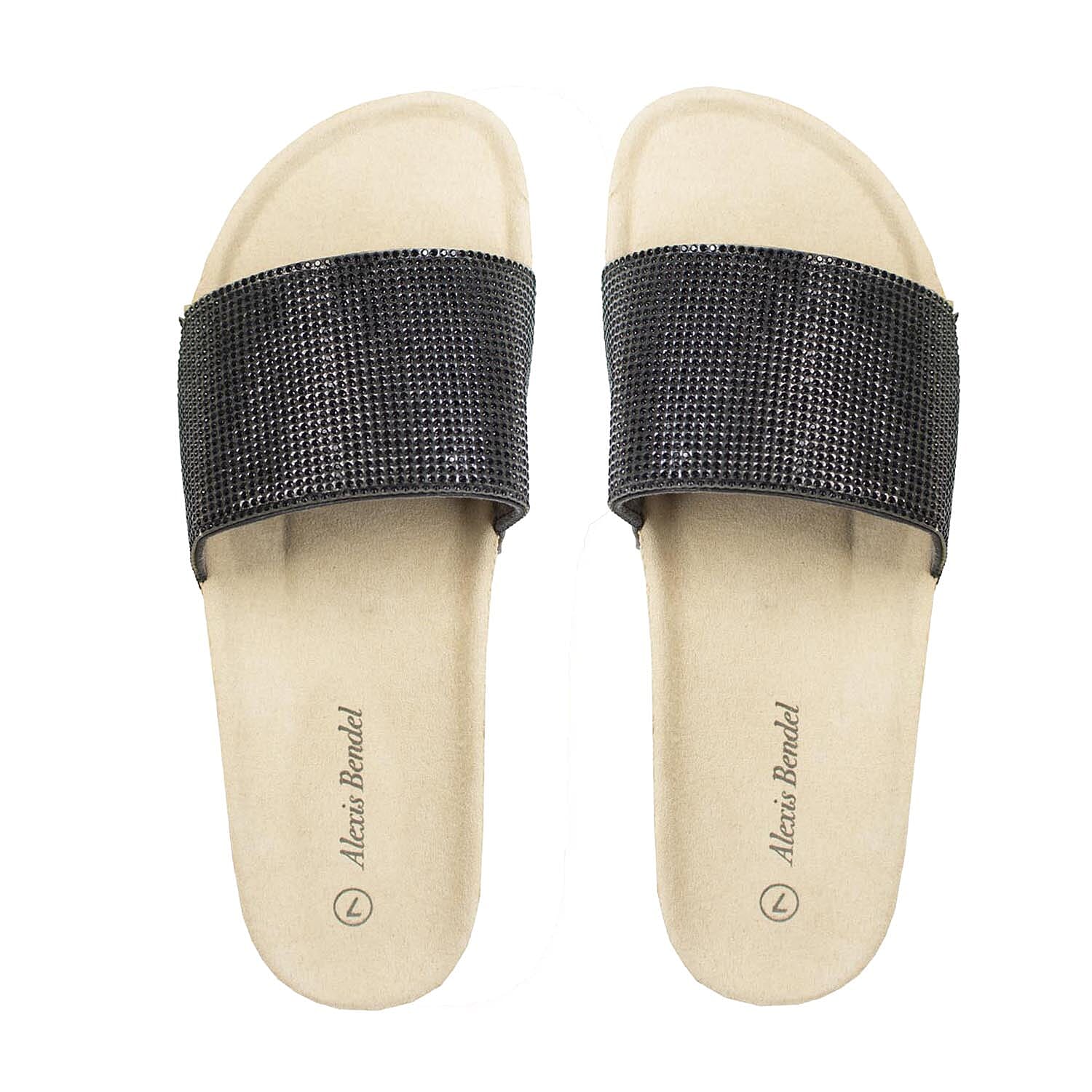 Alexis Bendel Black Kylie Rhinestone Slide Sandal with Cork Sole - Size 7.5