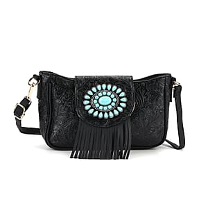 Black Flower Embossed Faux Leather Crossbody Bag with Turquoise Charming Fringes