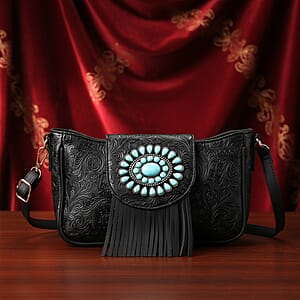 Black Flower Embossed Faux Leather Crossbody Bag with Turquoise Charming Fringes