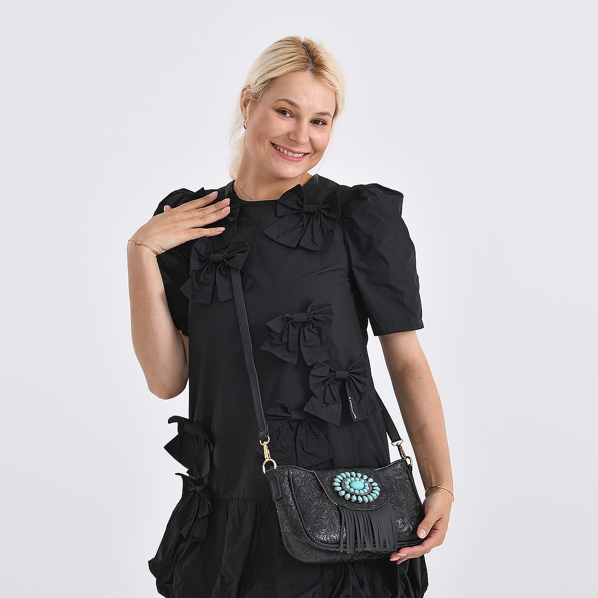Black Flower Embossed Faux Leather Crossbody Bag with Turquoise Charming Fringes image number 2