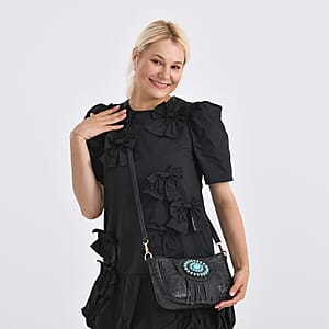 Black Flower Embossed Faux Leather Crossbody Bag with Turquoise Charming Fringes