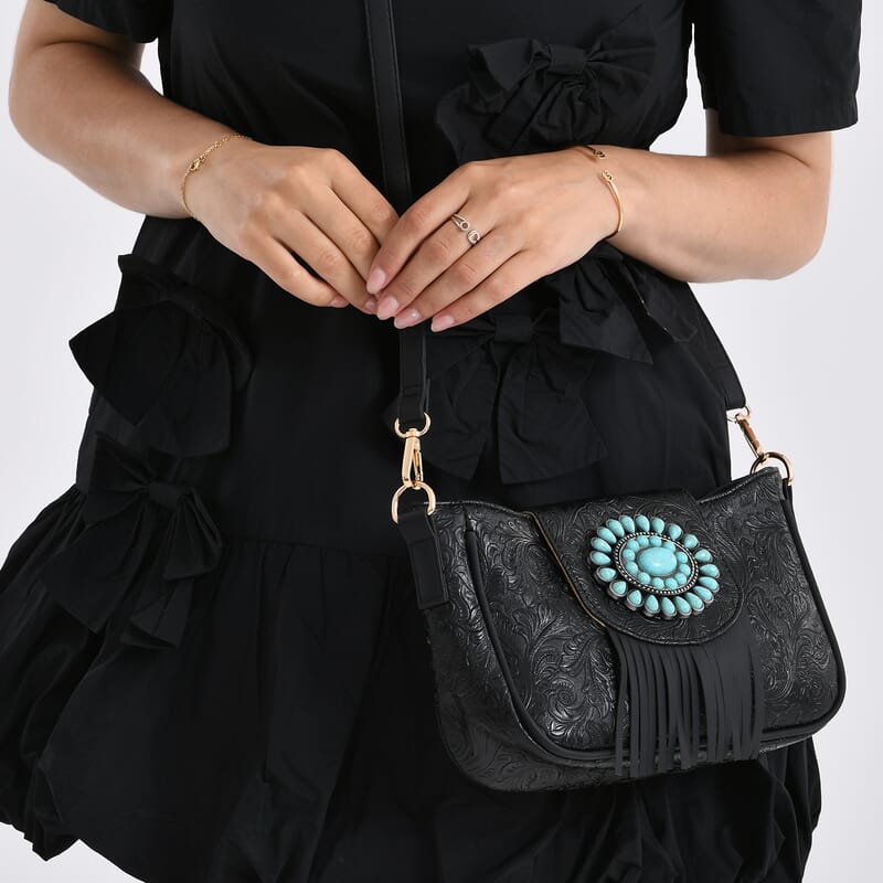 Black Flower Embossed Faux Leather Crossbody Bag with Turquoise Charming Fringes