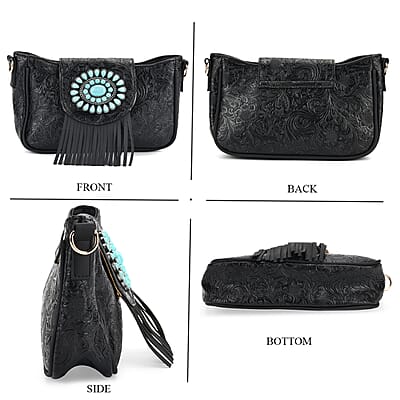 Black Flower Embossed Faux Leather Crossbody Bag with Turquoise Charming Fringes
