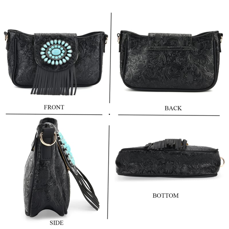 Black Flower Embossed Faux Leather Crossbody Bag with Turquoise Charming Fringes