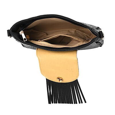 Black Flower Embossed Faux Leather Crossbody Bag with Turquoise Charming Fringes