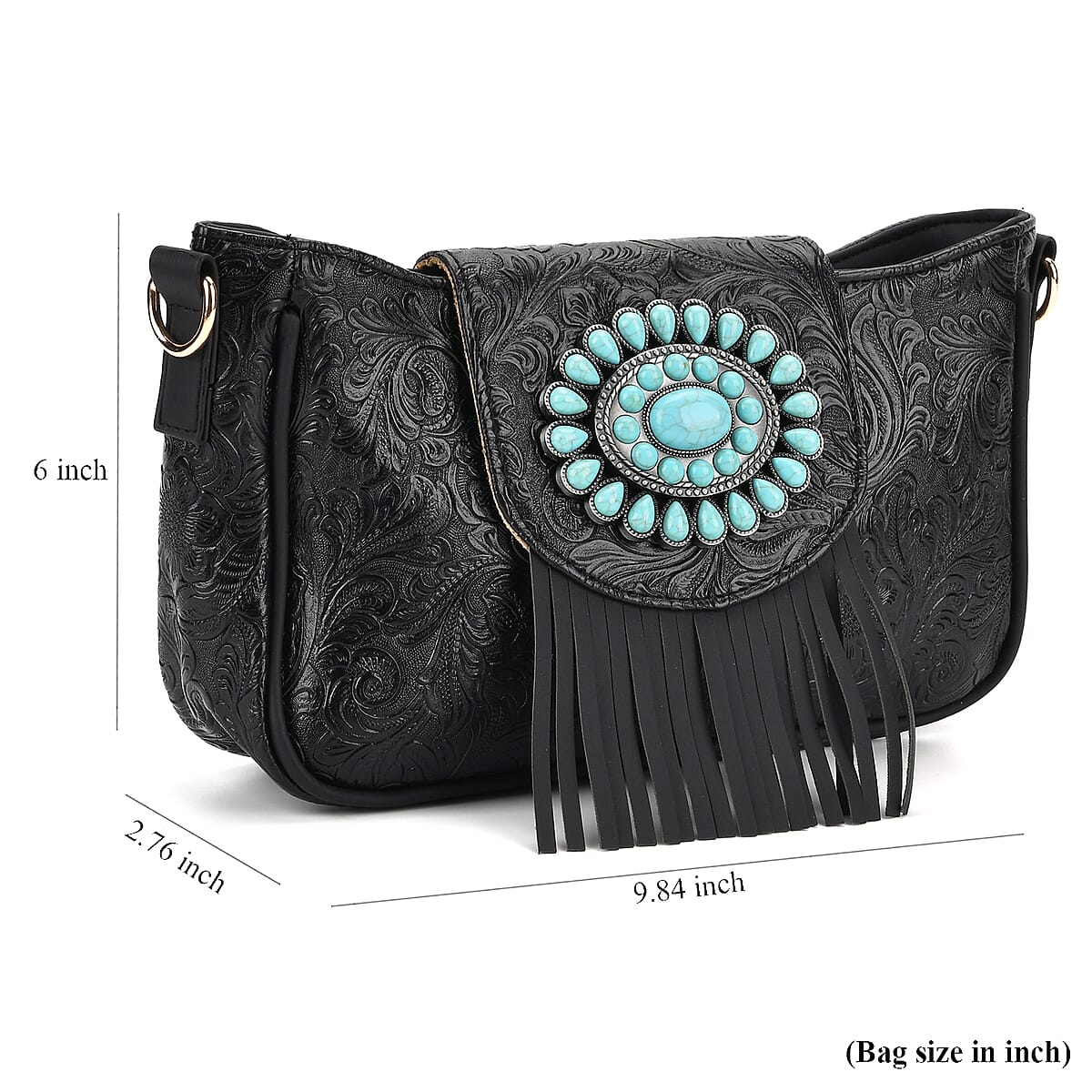 Black Flower Embossed Faux Leather Crossbody Bag with Turquoise Charming Fringes image number 7