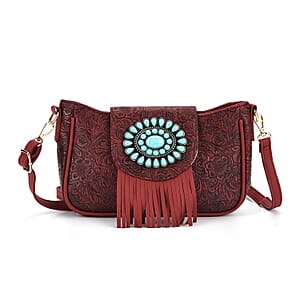 Red Flower Embossed Faux Leather Crossbody Bag with Turquoise Charming Fringes