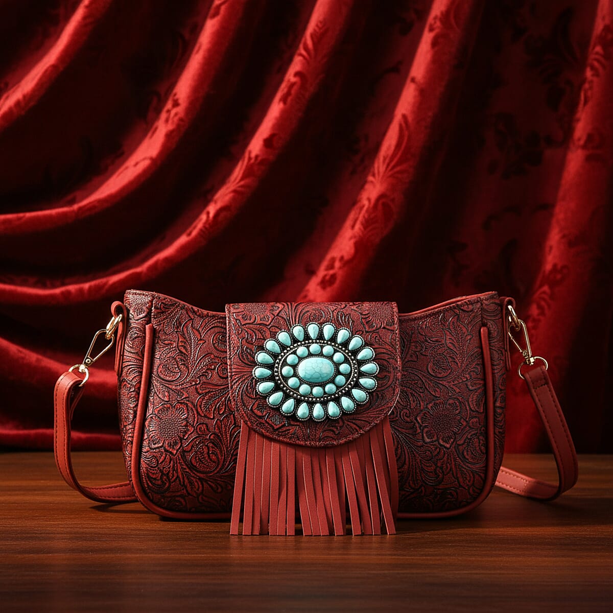 Red Flower Embossed Faux Leather Crossbody Bag with Turquoise Charming Fringes image number 1