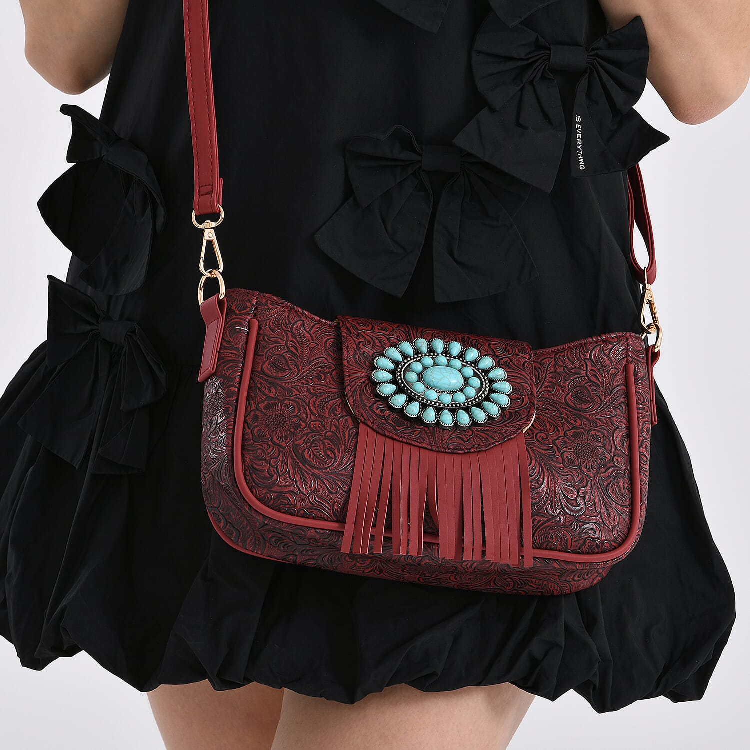 Red Flower Embossed Faux Leather Crossbody Bag with Turquoise Charming Fringes