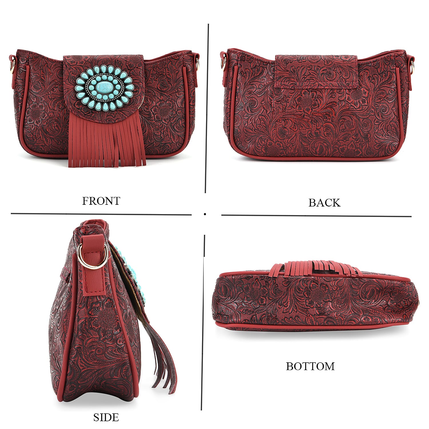 Red Flower Embossed Faux Leather Crossbody Bag with Turquoise Charming Fringes
