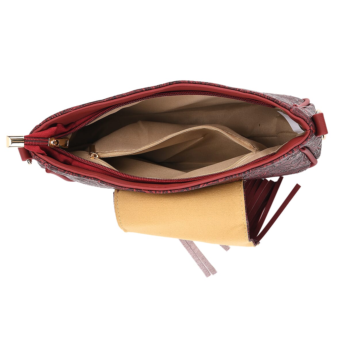 Red Flower Embossed Faux Leather Crossbody Bag with Turquoise Charming Fringes image number 5