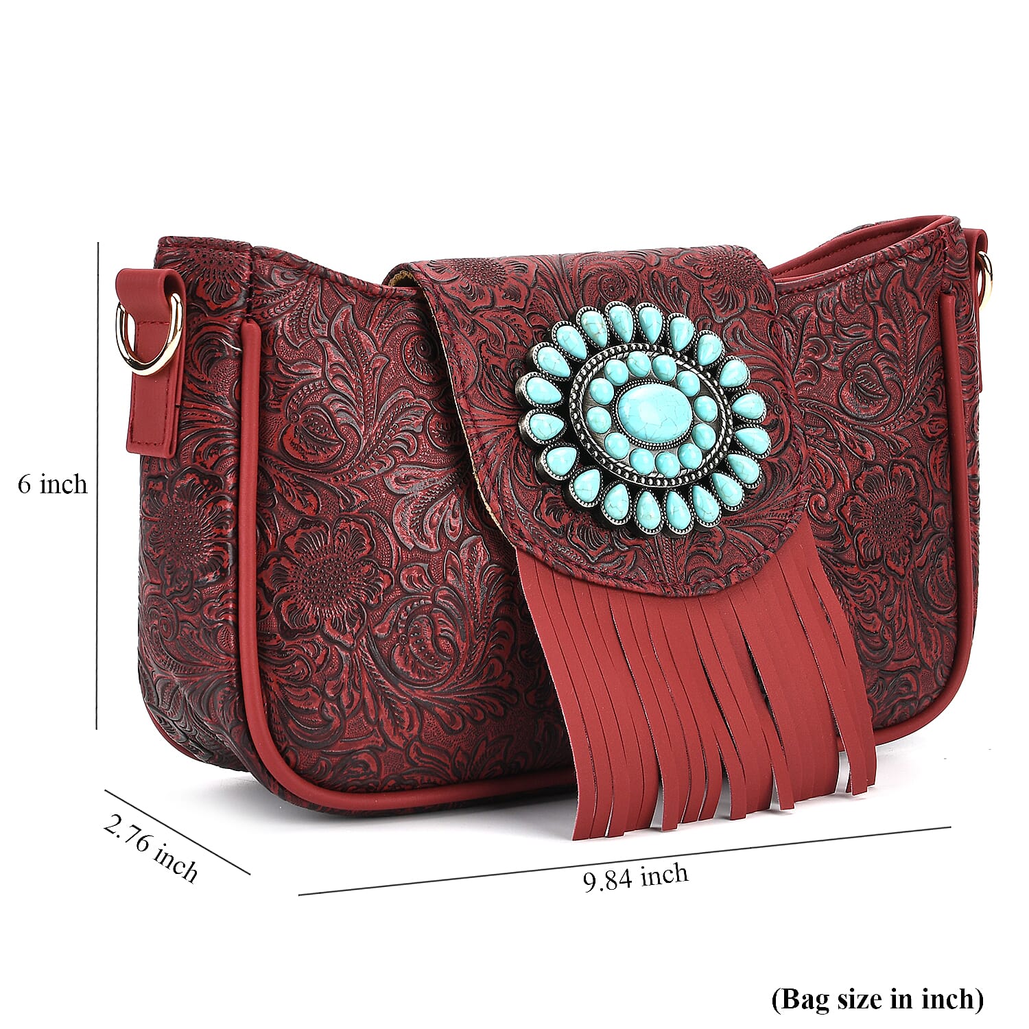 Red Flower Embossed Faux Leather Crossbody Bag with Turquoise Charming Fringes