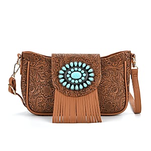 Brown Flower Embossed Faux Leather Crossbody Bag with Turquoise Charming Fringes
