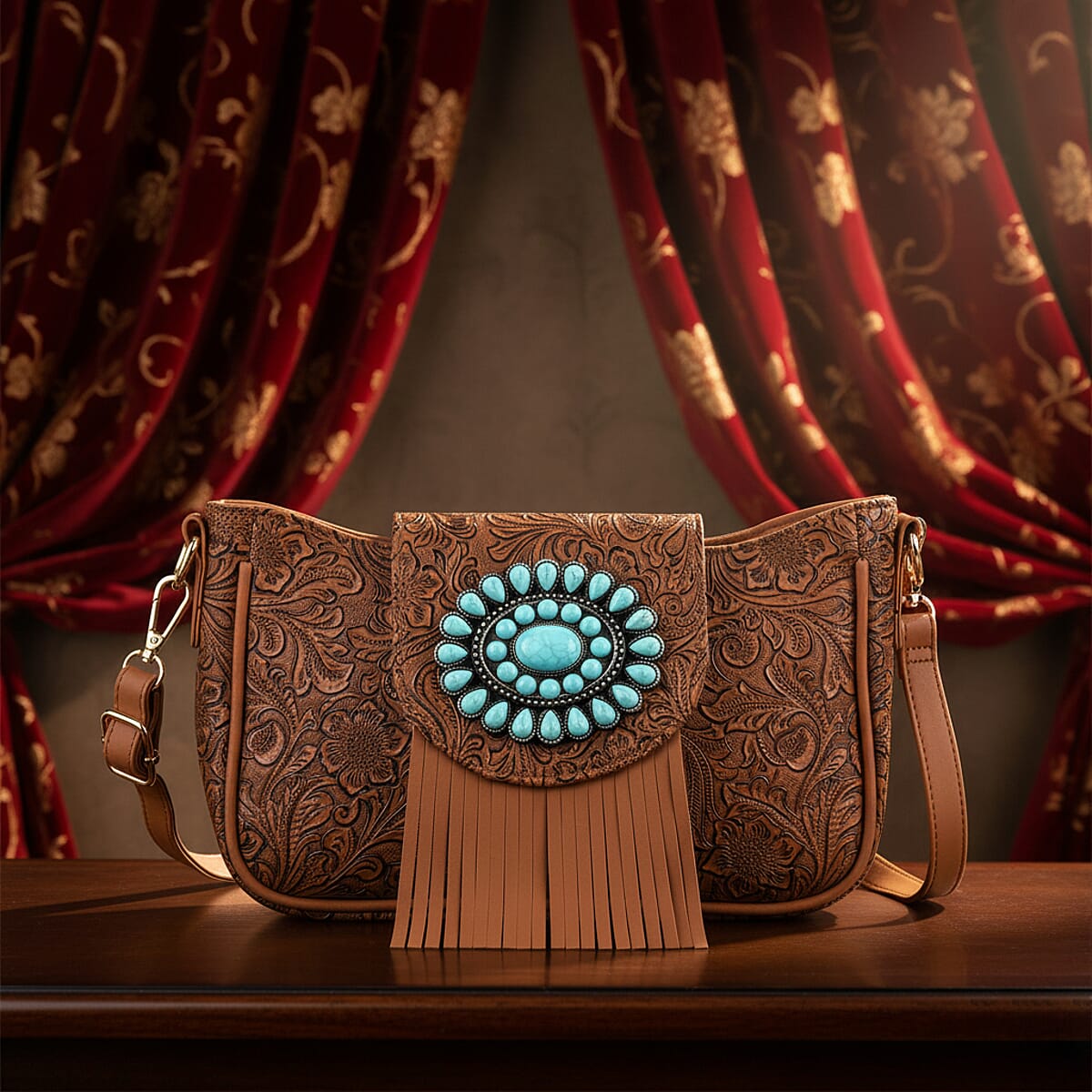Brown Flower Embossed Faux Leather Crossbody Bag with Turquoise Charming Fringes image number 1