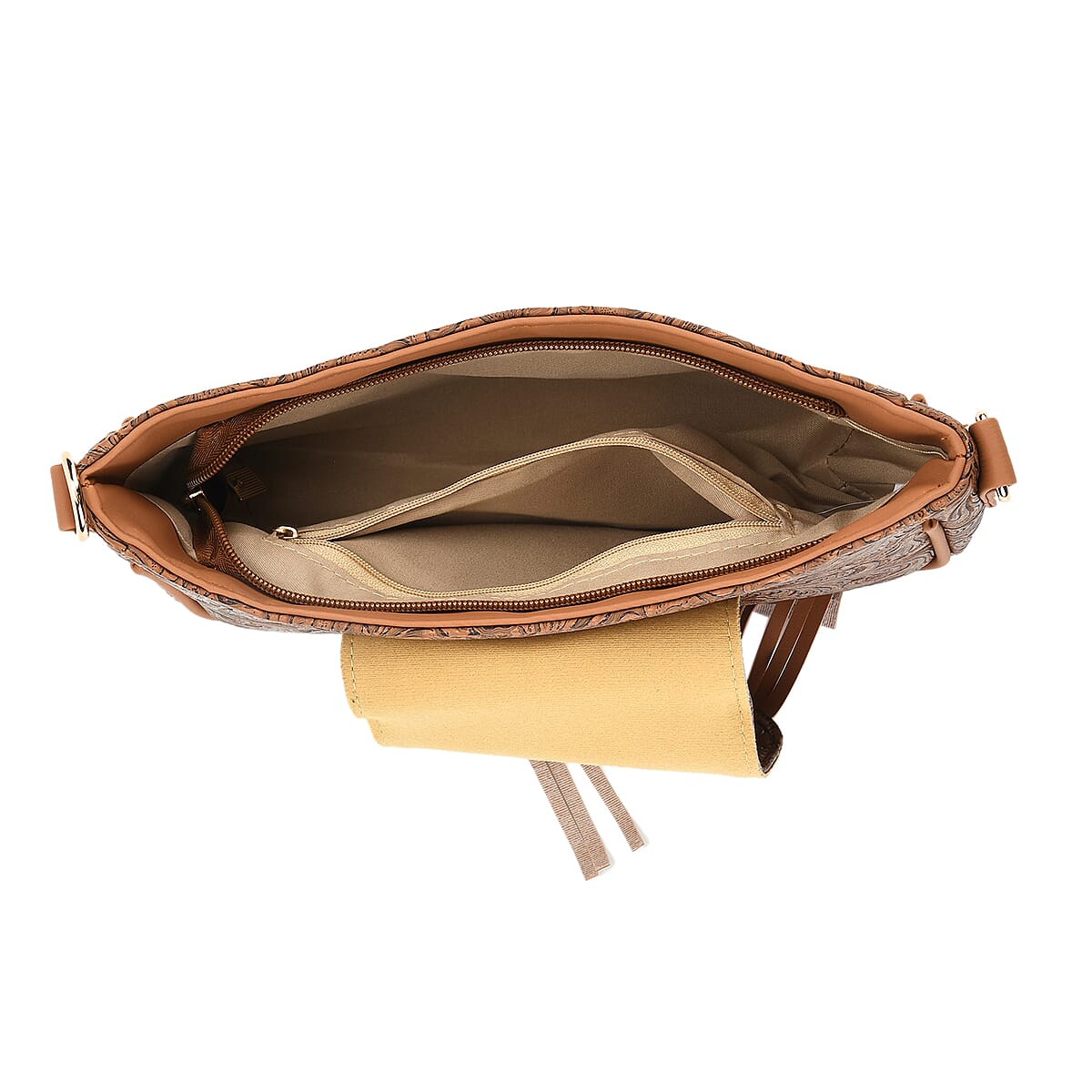 Brown Flower Embossed Faux Leather Crossbody Bag with Turquoise Charming Fringes image number 5