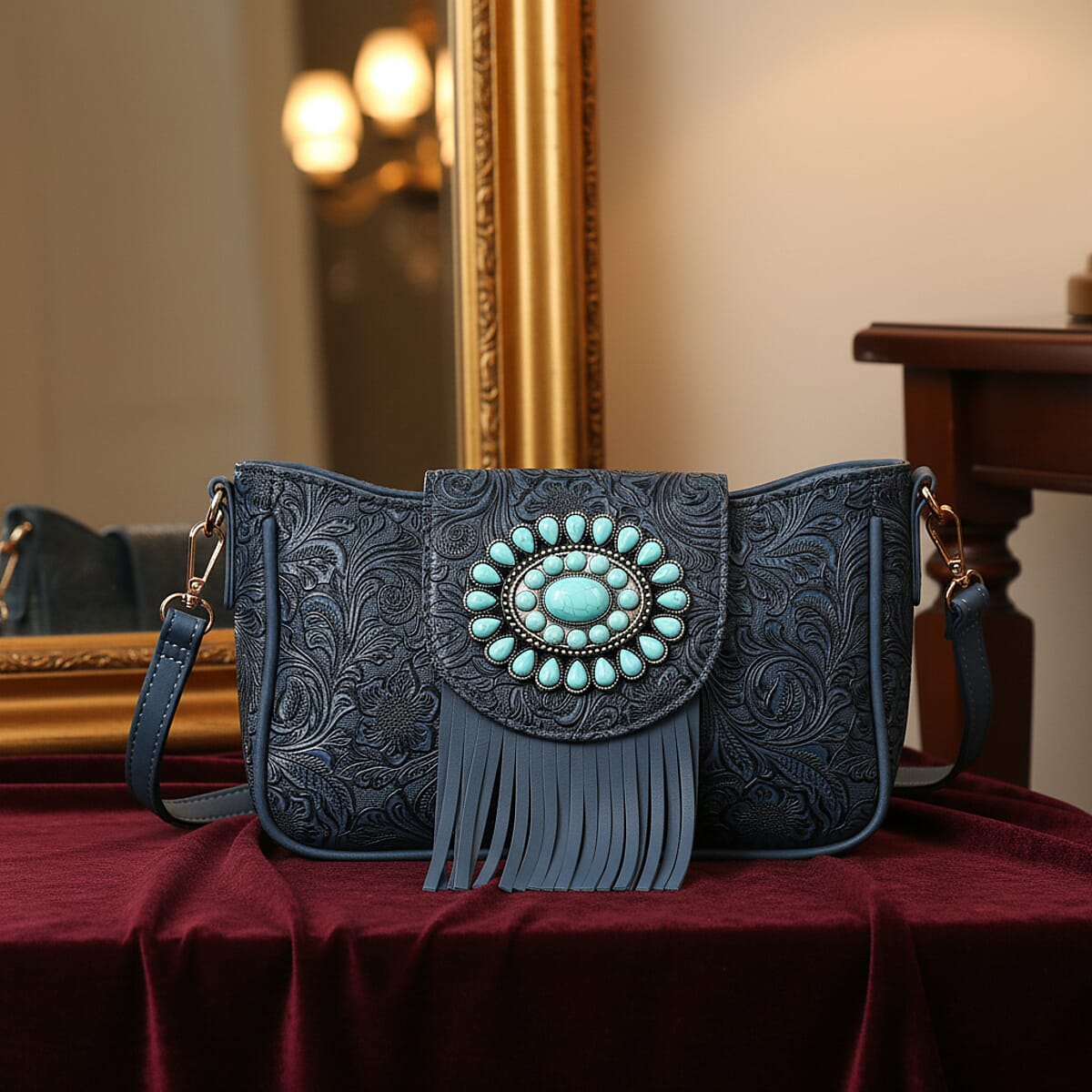 Blue Flower Embossed Faux Leather Crossbody Bag with Turquoise Charming Fringes image number 1