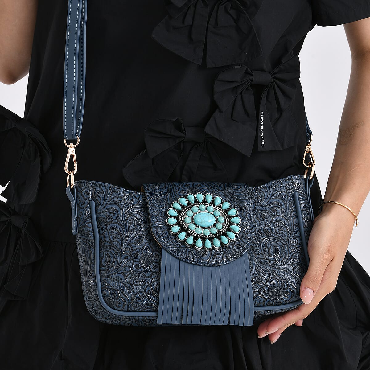Blue Flower Embossed Faux Leather Crossbody Bag with Turquoise Charming Fringes image number 3