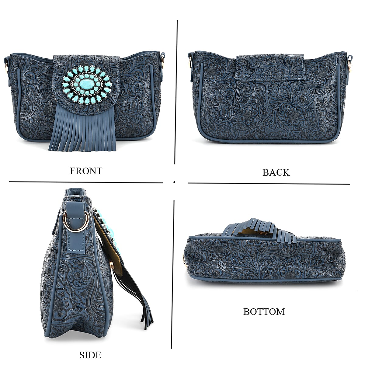 Blue Flower Embossed Faux Leather Crossbody Bag with Turquoise Charming Fringes image number 4
