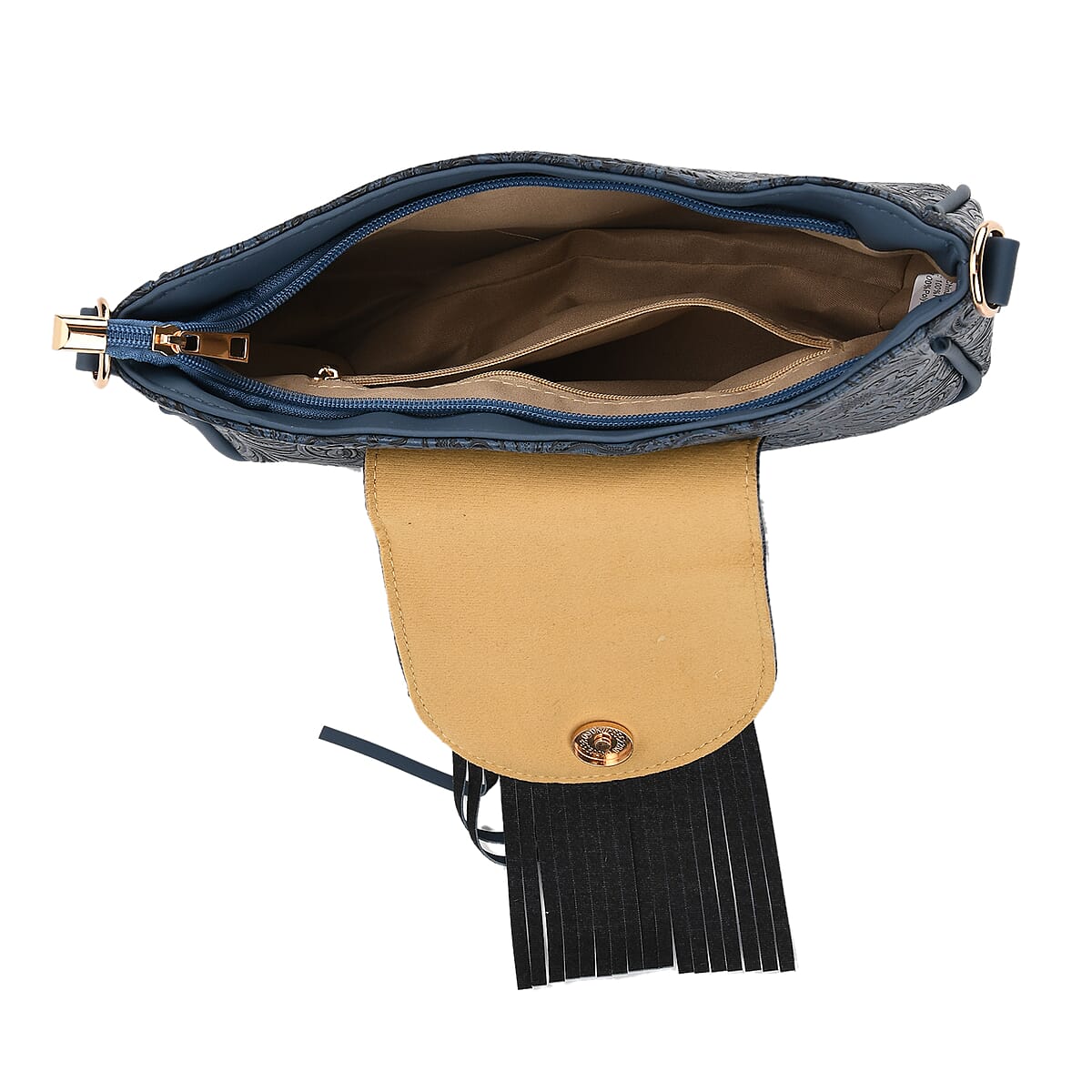 Blue Flower Embossed Faux Leather Crossbody Bag with Turquoise Charming Fringes image number 5