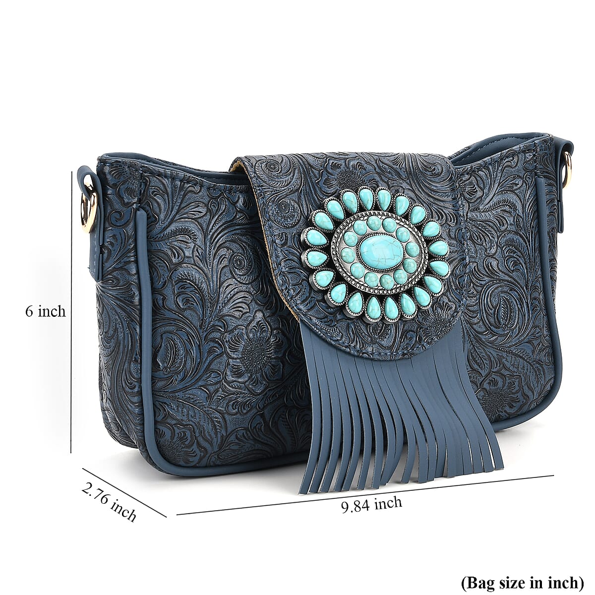 Blue Flower Embossed Faux Leather Crossbody Bag with Turquoise Charming Fringes image number 7