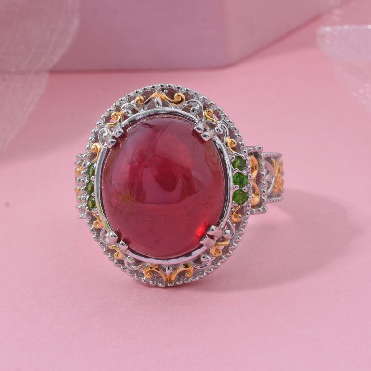 Niassa Ruby (FF) and Chrome Diopside 15.15 ctw Royal Bloom Ring in Vermeil YG and Rhodium Over Sterling Silver (Size 8.0) image number 1