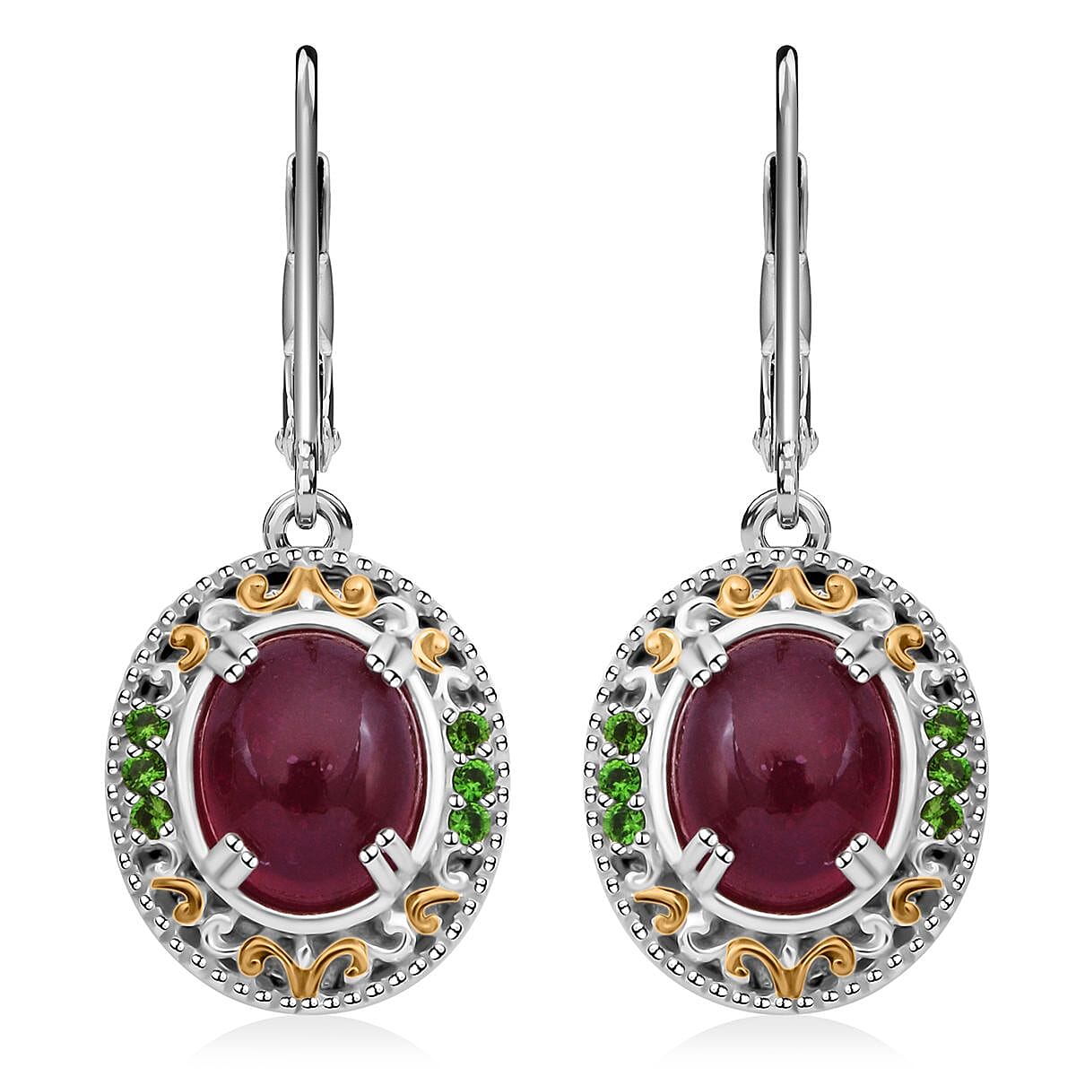 Niassa Ruby (FF) and Chrome Diopside 6.40 ctw Royal Bloom Earrings in Vermeil YG and Rhodium Over Sterling Silver image number 0